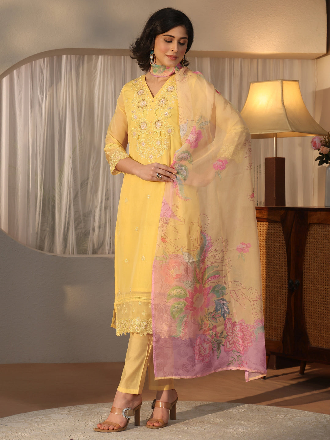 Libas Yellow Floral Embroidered Organza Straight Suit Set