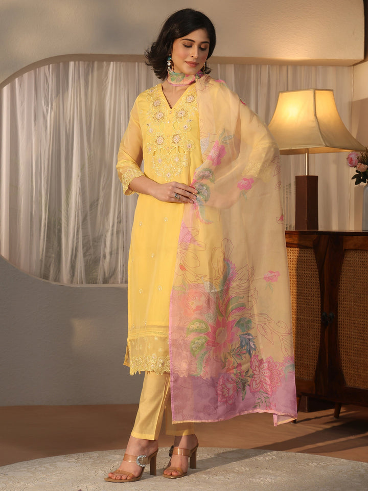Libas Yellow Floral Embroidered Organza Straight Suit Set