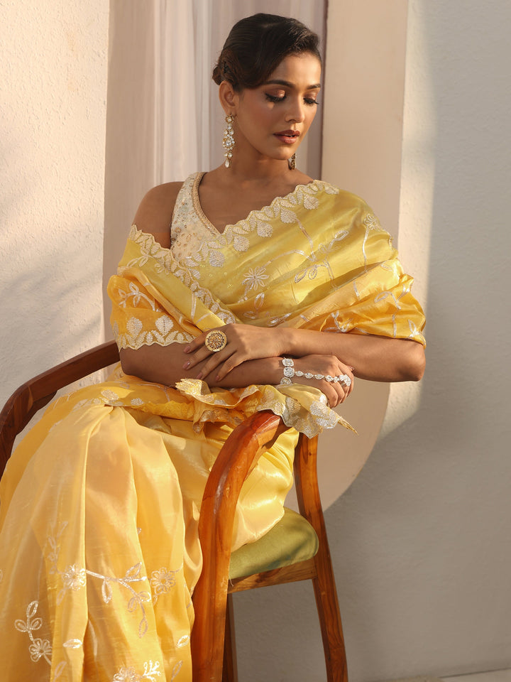 Libas Yellow Floral Embroidered Satin Saree