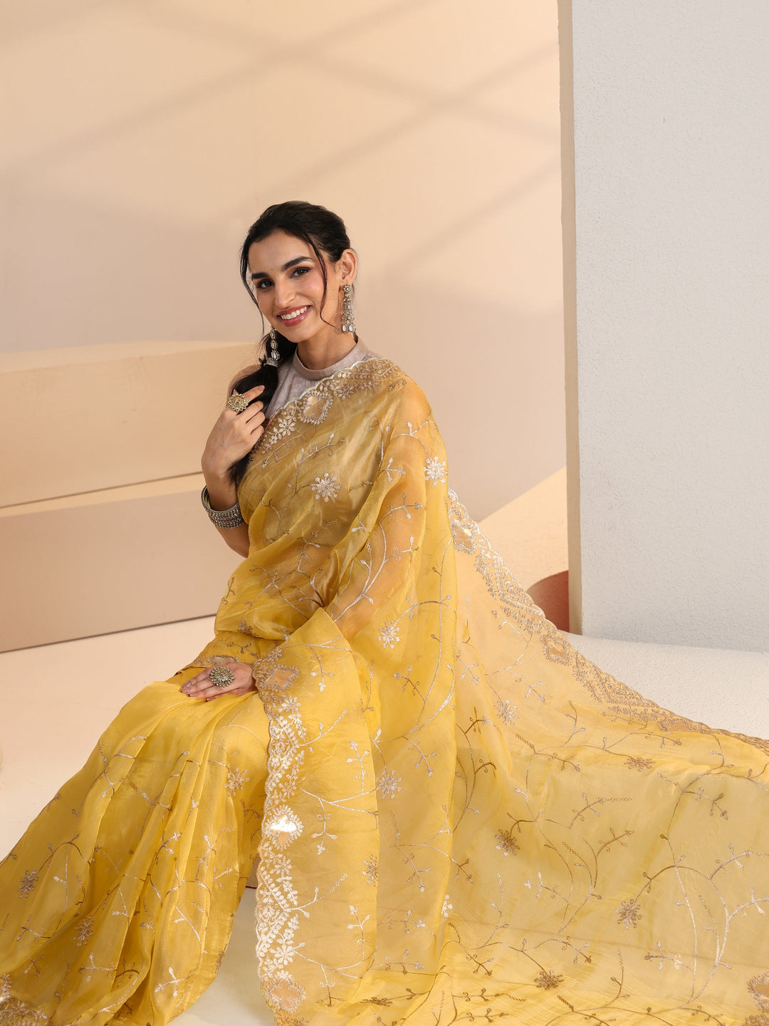 Libas Yellow Floral Embroidered Tissue Saree