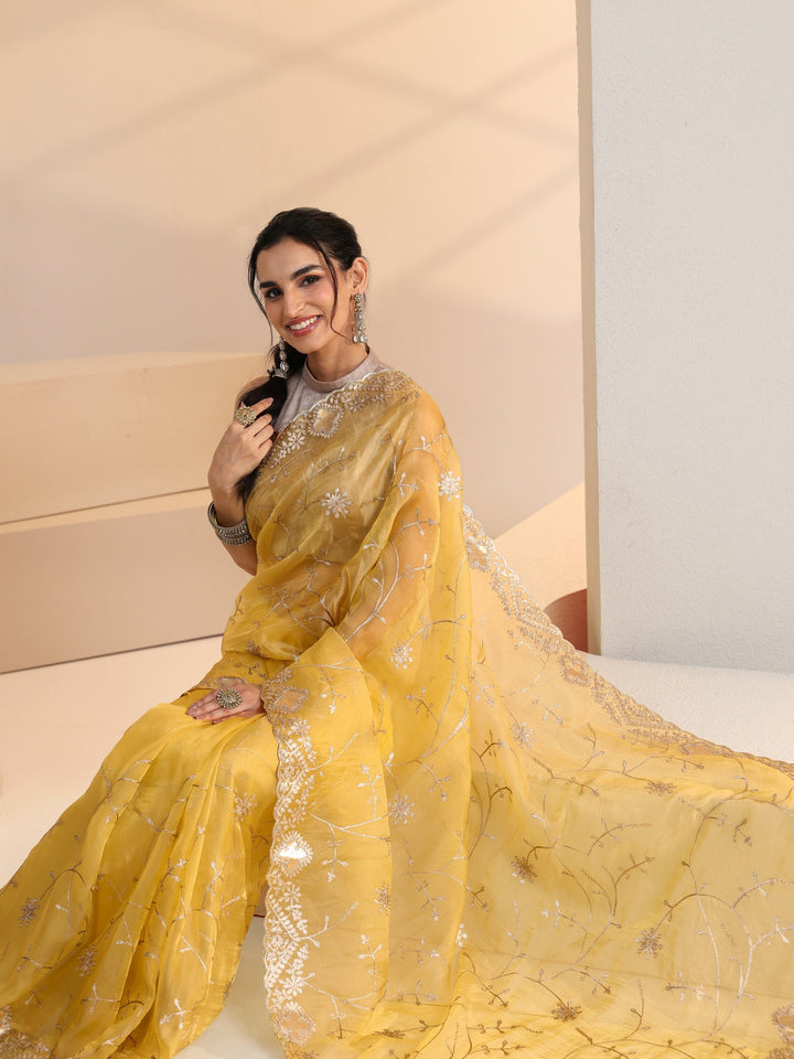 Libas Yellow Floral Embroidered Tissue Saree