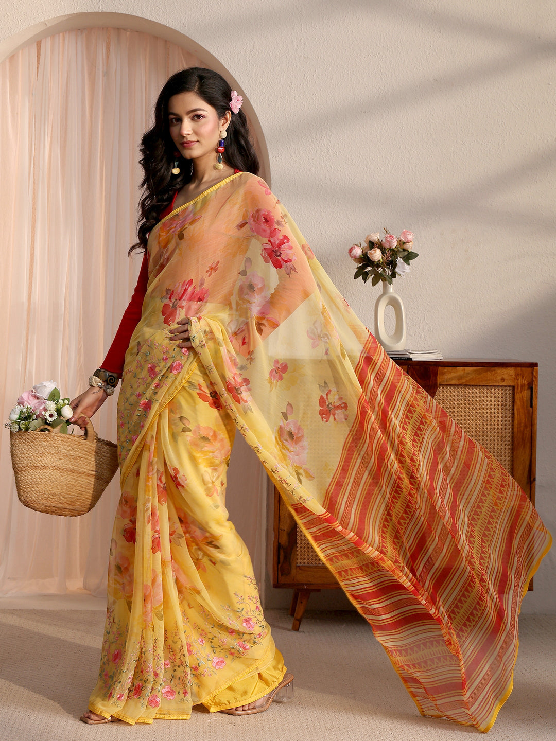Libas Yellow Floral Printed Chiffon Saree