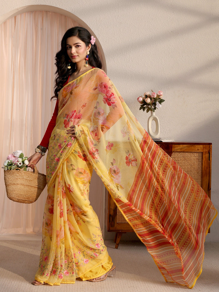 Libas Yellow Floral Printed Chiffon Saree