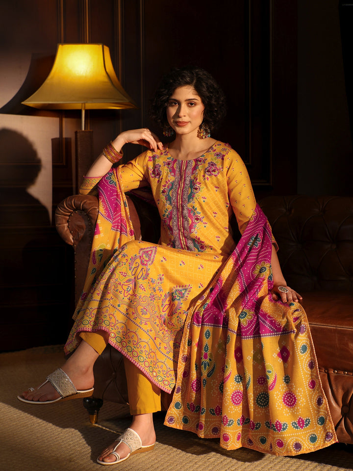 Libas Yellow Floral Printed Cotton Straight Suit Set