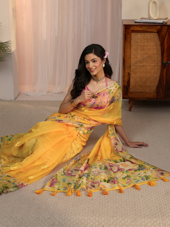Libas Yellow Floral Printed Organza Tassel Saree