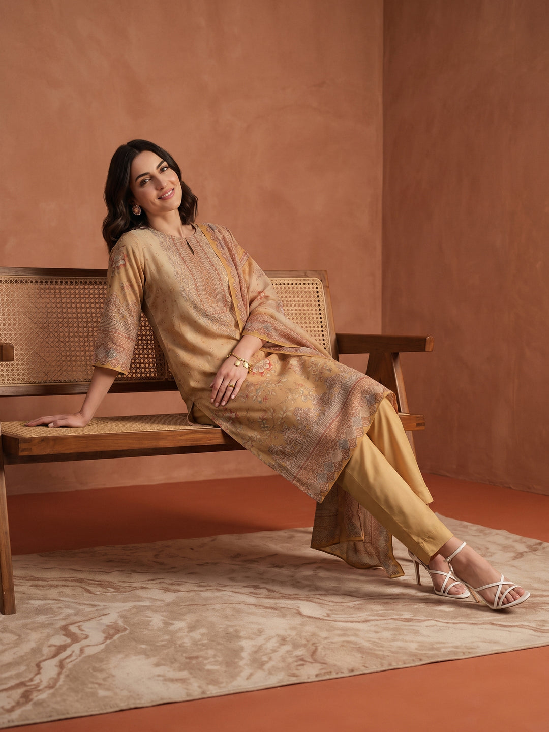 Libas Yellow Floral Printed Silk Blend Straight Suit Set