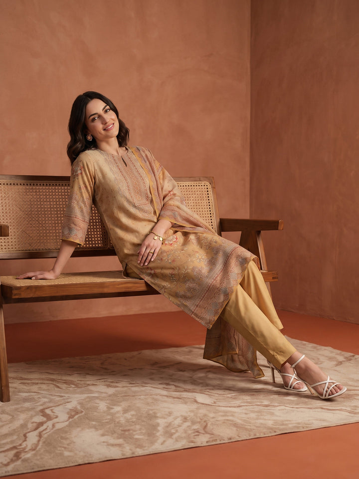Libas Yellow Floral Printed Silk Blend Straight Suit Set