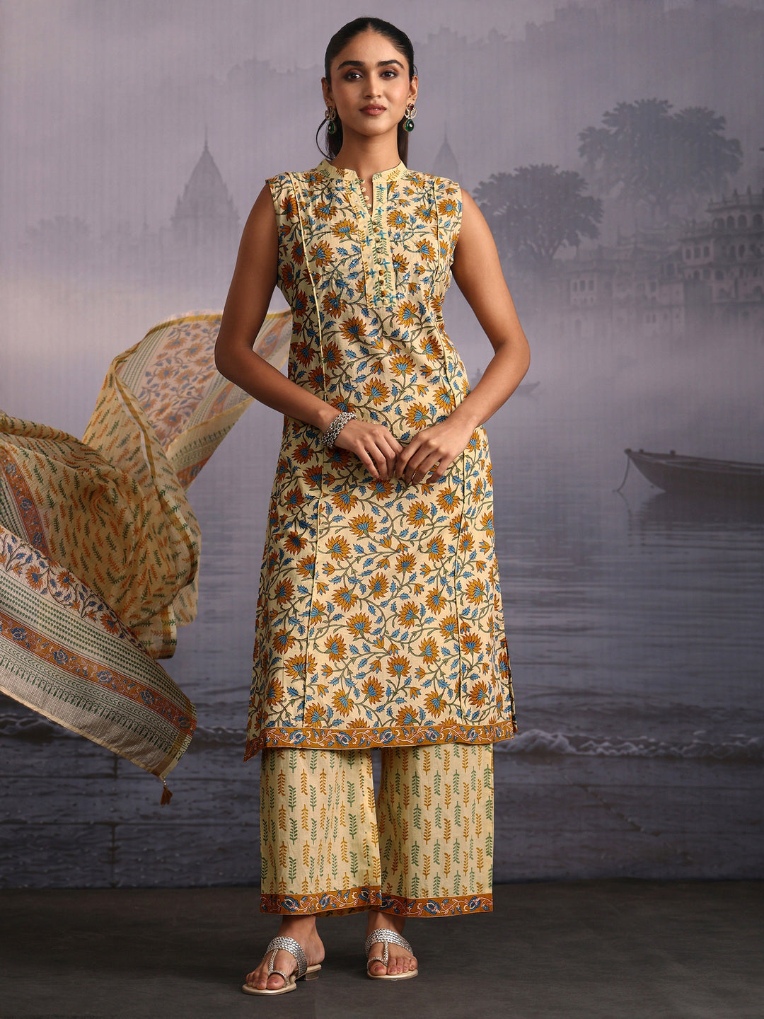 Libas Yellow Floral Printed Sleeveless Cotton Palazzo Suit Set