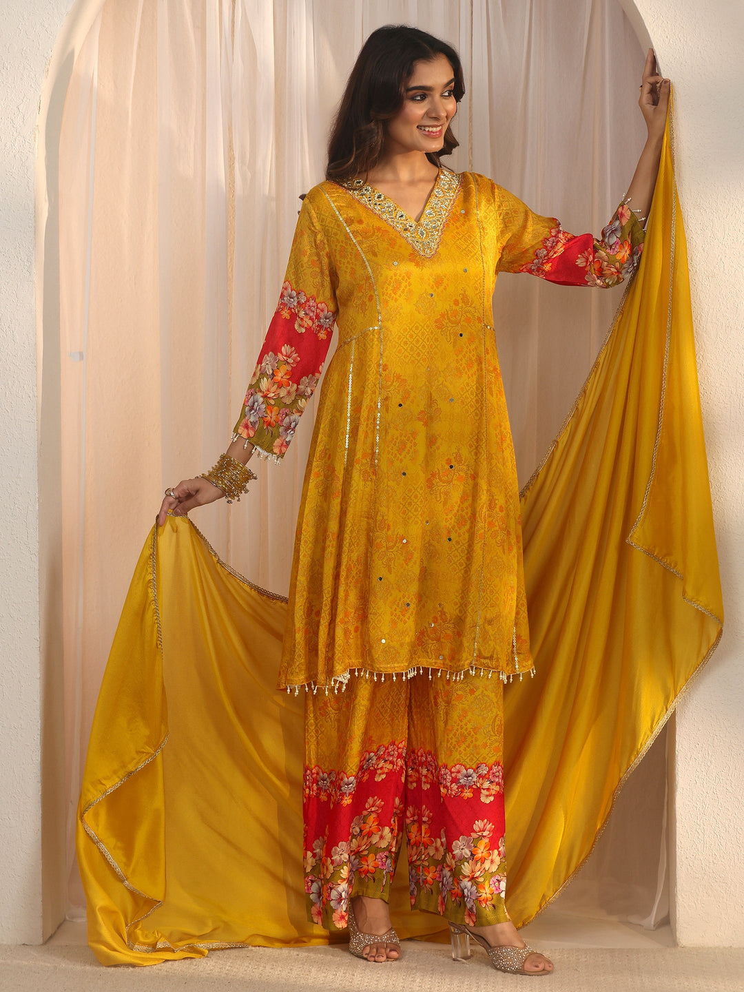 Libas Yellow Floral Woven Design Chinon A-Line Suit Set