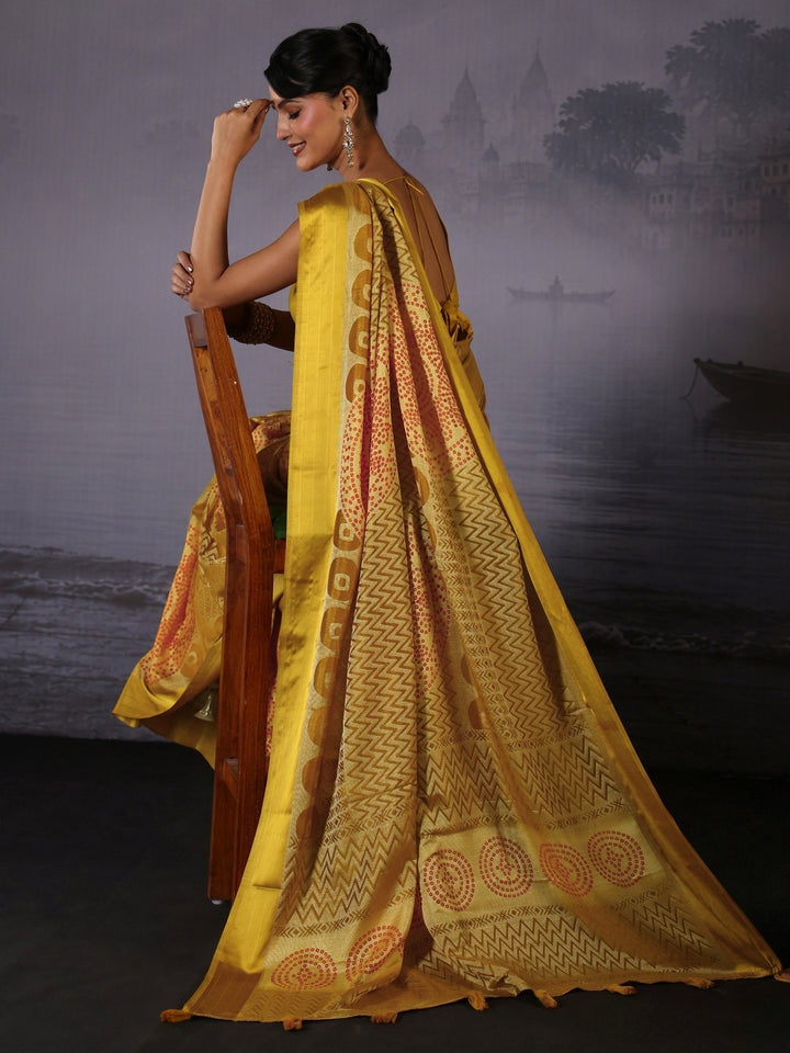 Libas Yellow Geometric Print Silk Saree