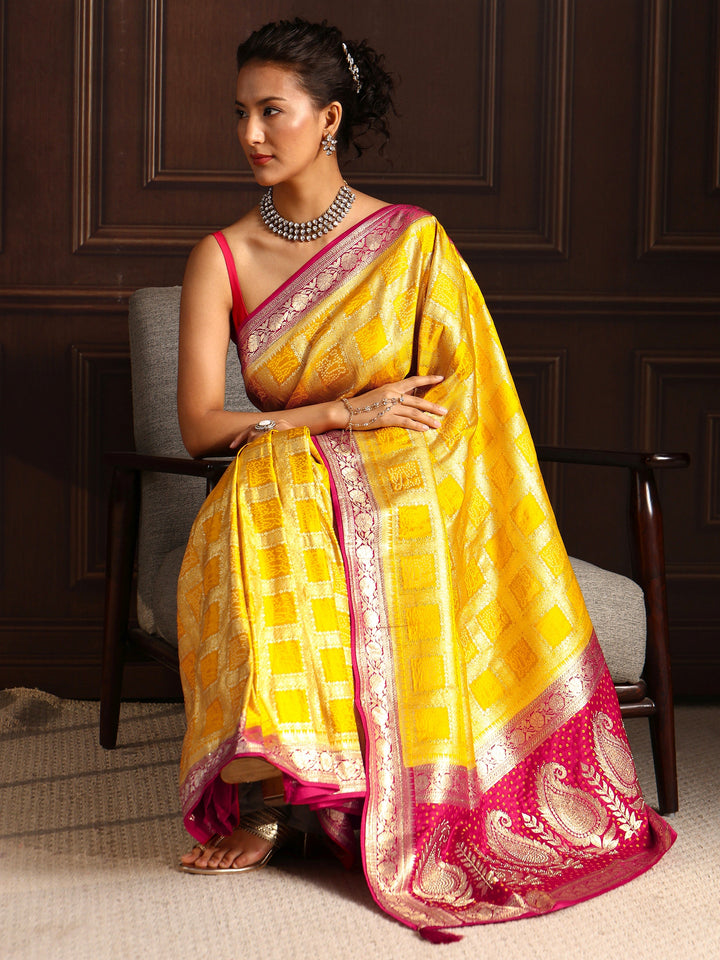 Libas Yellow Gharchola Silk Blend Saree with Paisley Weave Pallu
