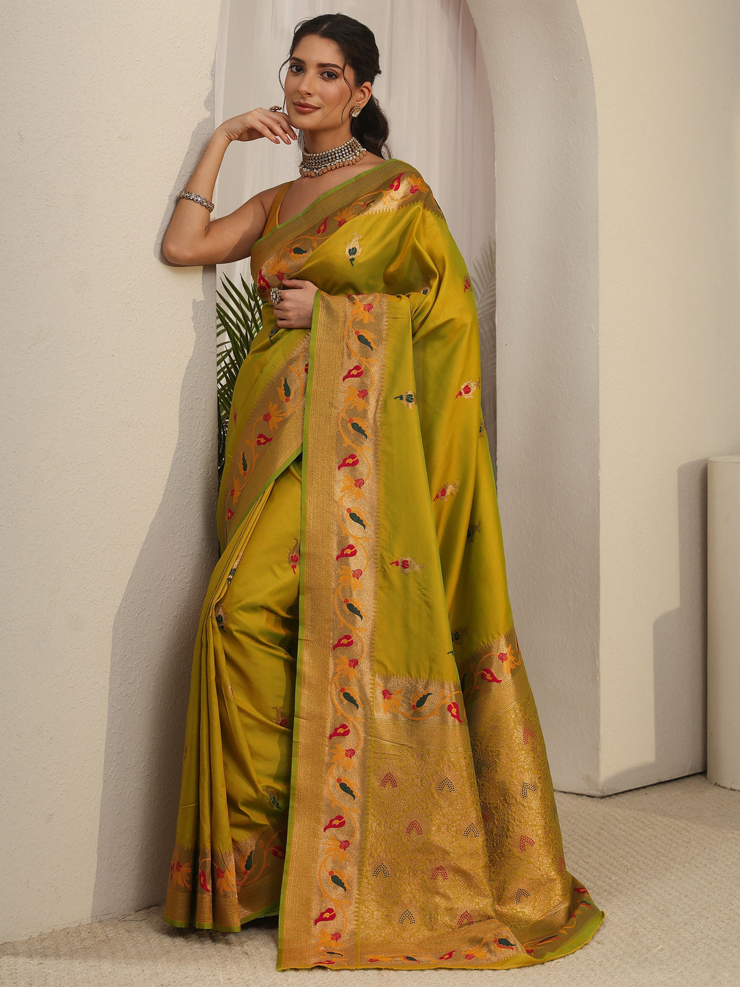 Libas Yellow Green Woven Design Silk Blend Saree