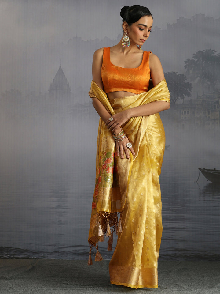 Libas Yellow Jacquard Woven Design Silk Blend Tassel Saree