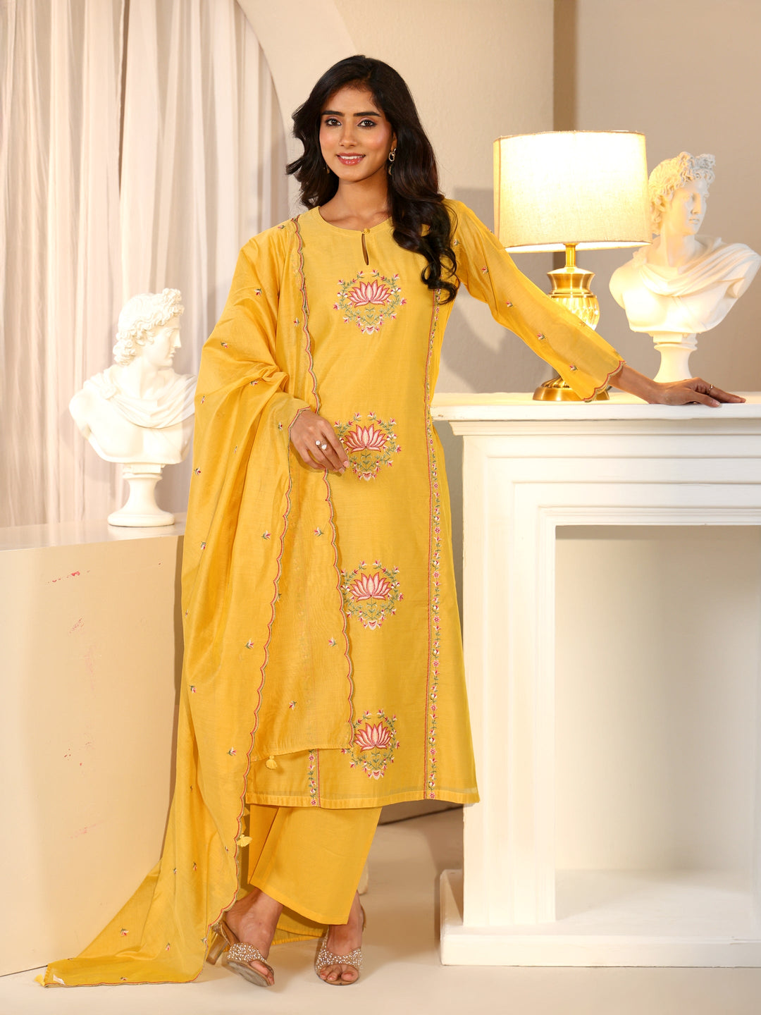 Libas Yellow Lotus Embroidered Chanderi Silk Straight Suit Set