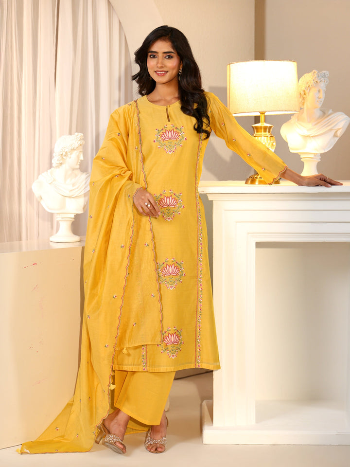 Libas Yellow Lotus Embroidered Chanderi Silk Straight Suit Set