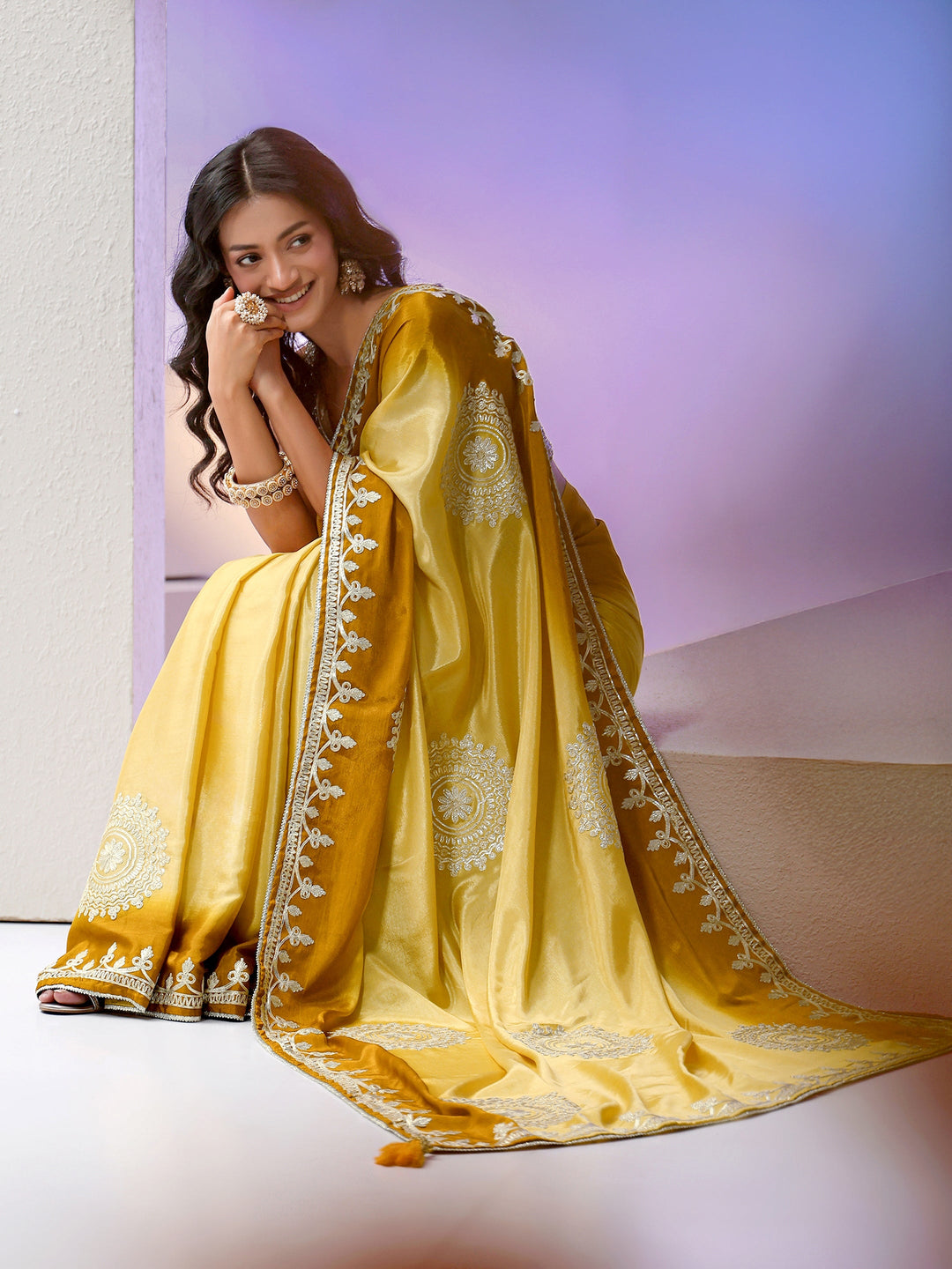 Libas Yellow Mandala Art Embroidered Ombre Silk Blend Saree