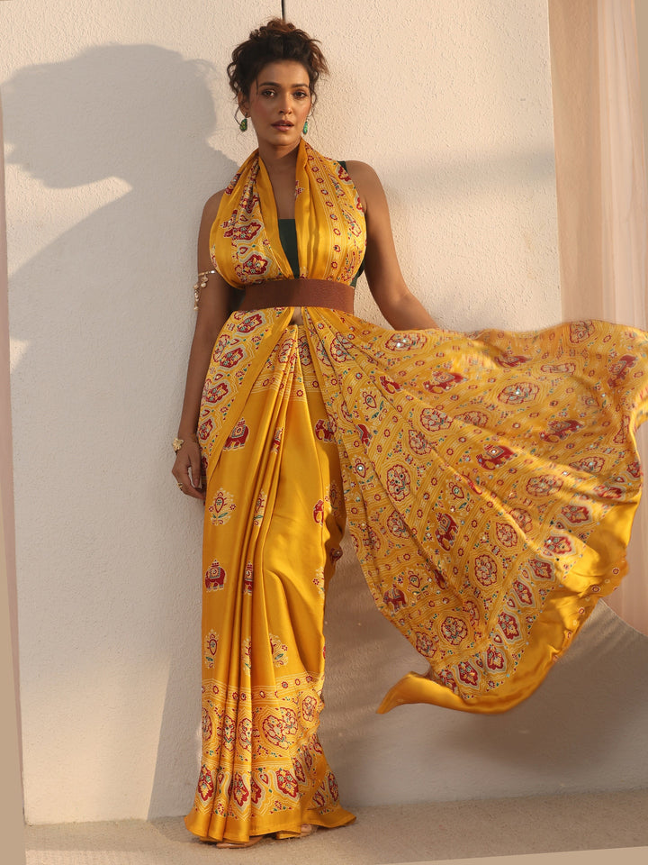 Libas Yellow Mirror Work Ethnic Print Satin Saree