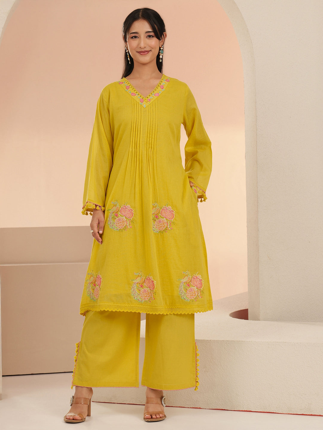 Libas Yellow Peacock Motif Cotton A-Line Kurta Set