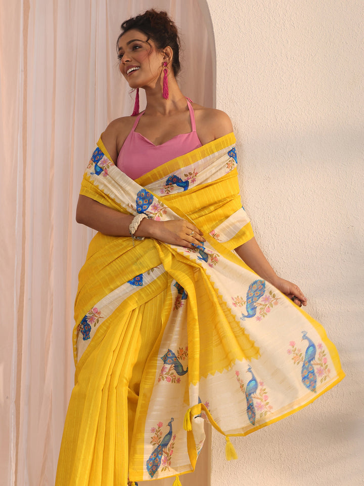 Libas Yellow Peacock Printed Border Silk Blend Saree