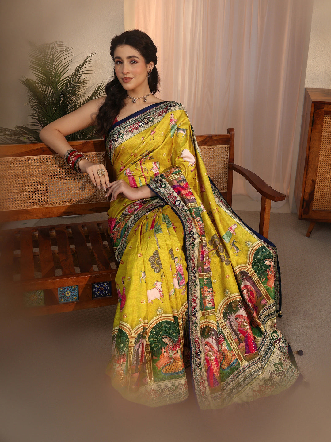 Libas Yellow Pichwai Digital Print Silk Blend Saree