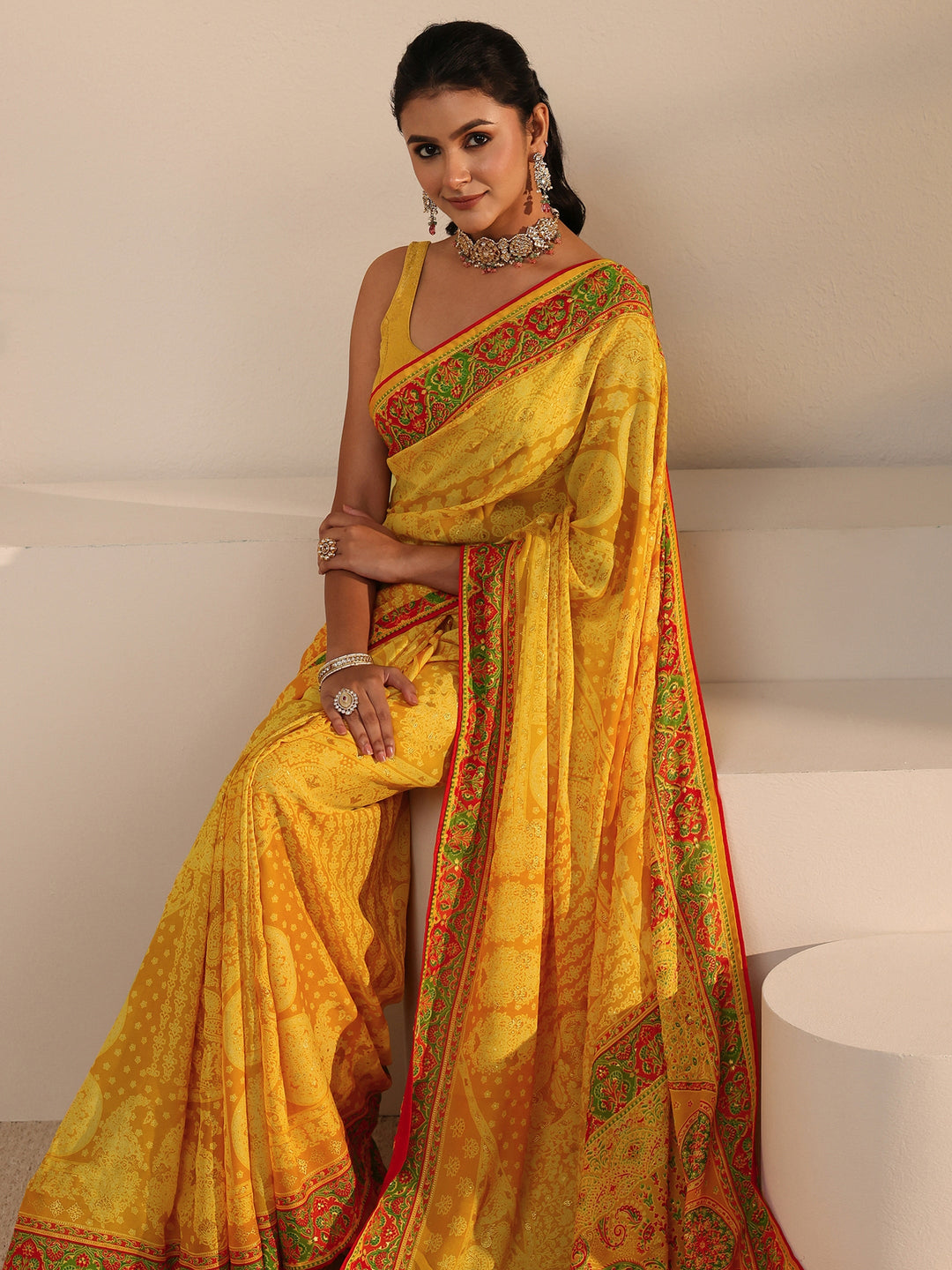 Libas Yellow Printed Georgette Saree