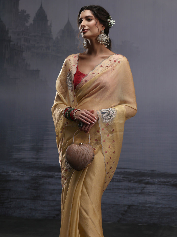 Libas Yellow Tissue Saree with Embellished Border