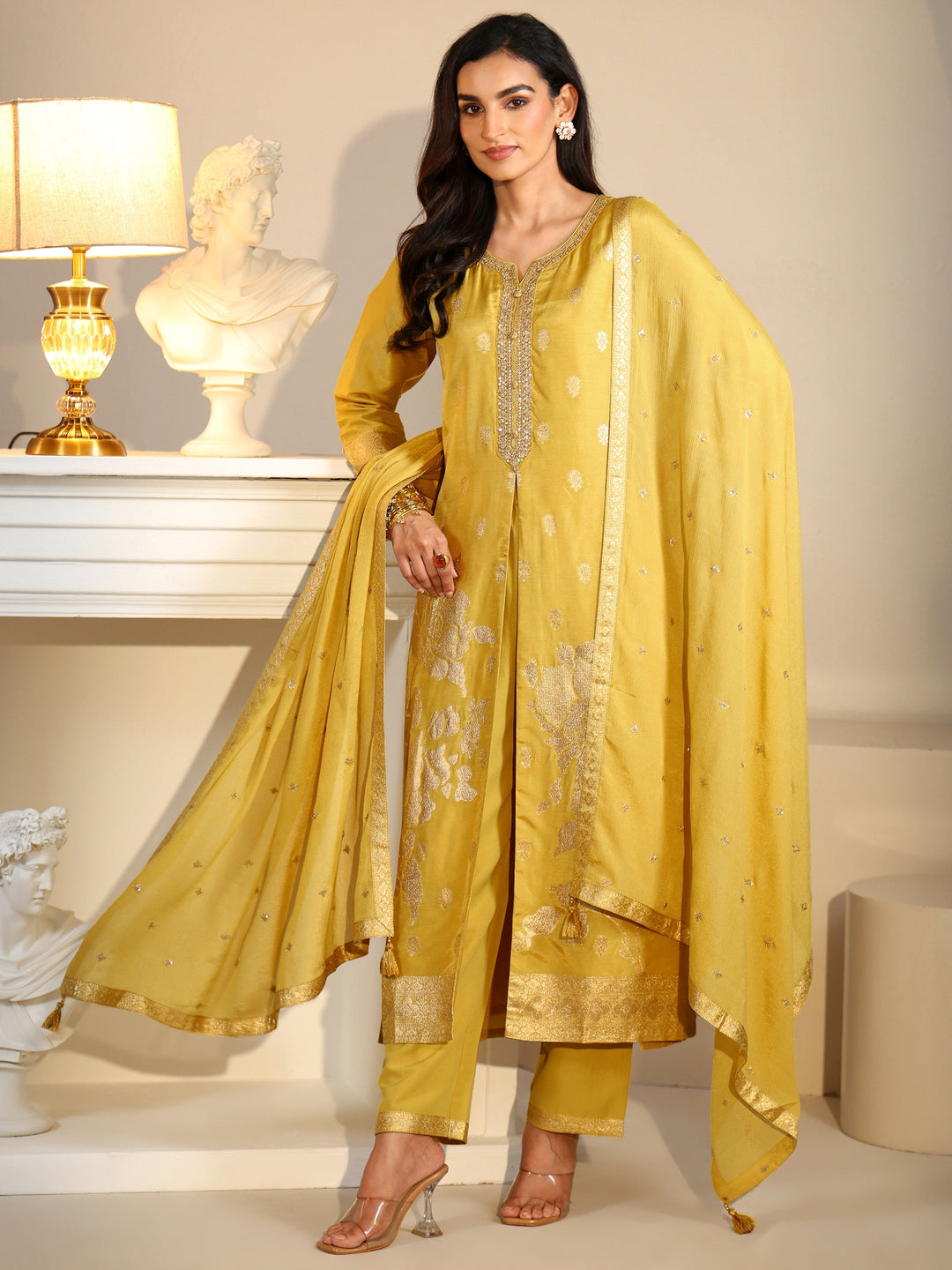 Libas Yellow Woven Design Front Slit Silk Blend Straight Suit Set