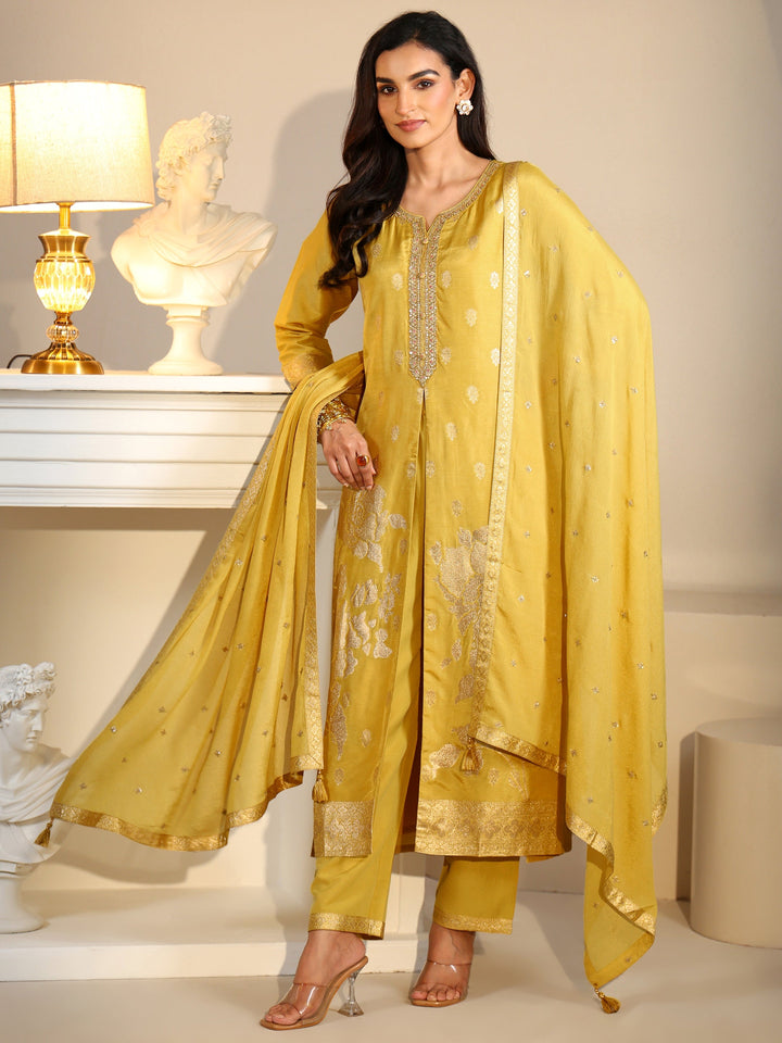 Libas Yellow Woven Design Front Slit Silk Blend Straight Suit Set