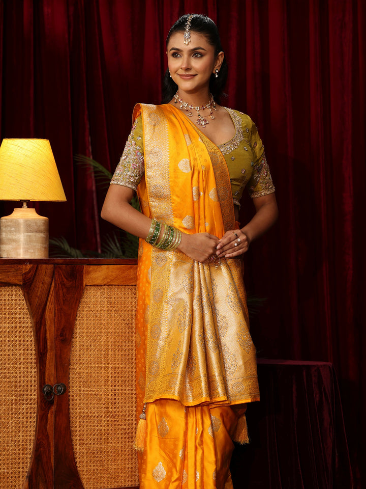 Libas Yellow Woven Design Satin Saree with Stone Work