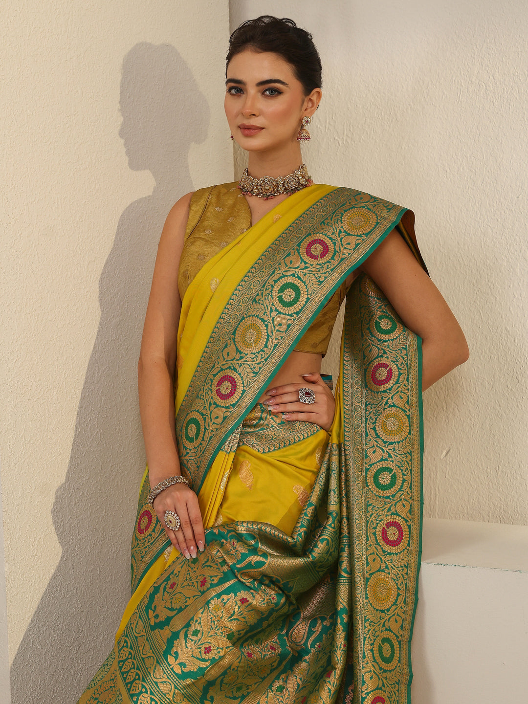 Libas Yellow Woven Design Silk Blend Saree