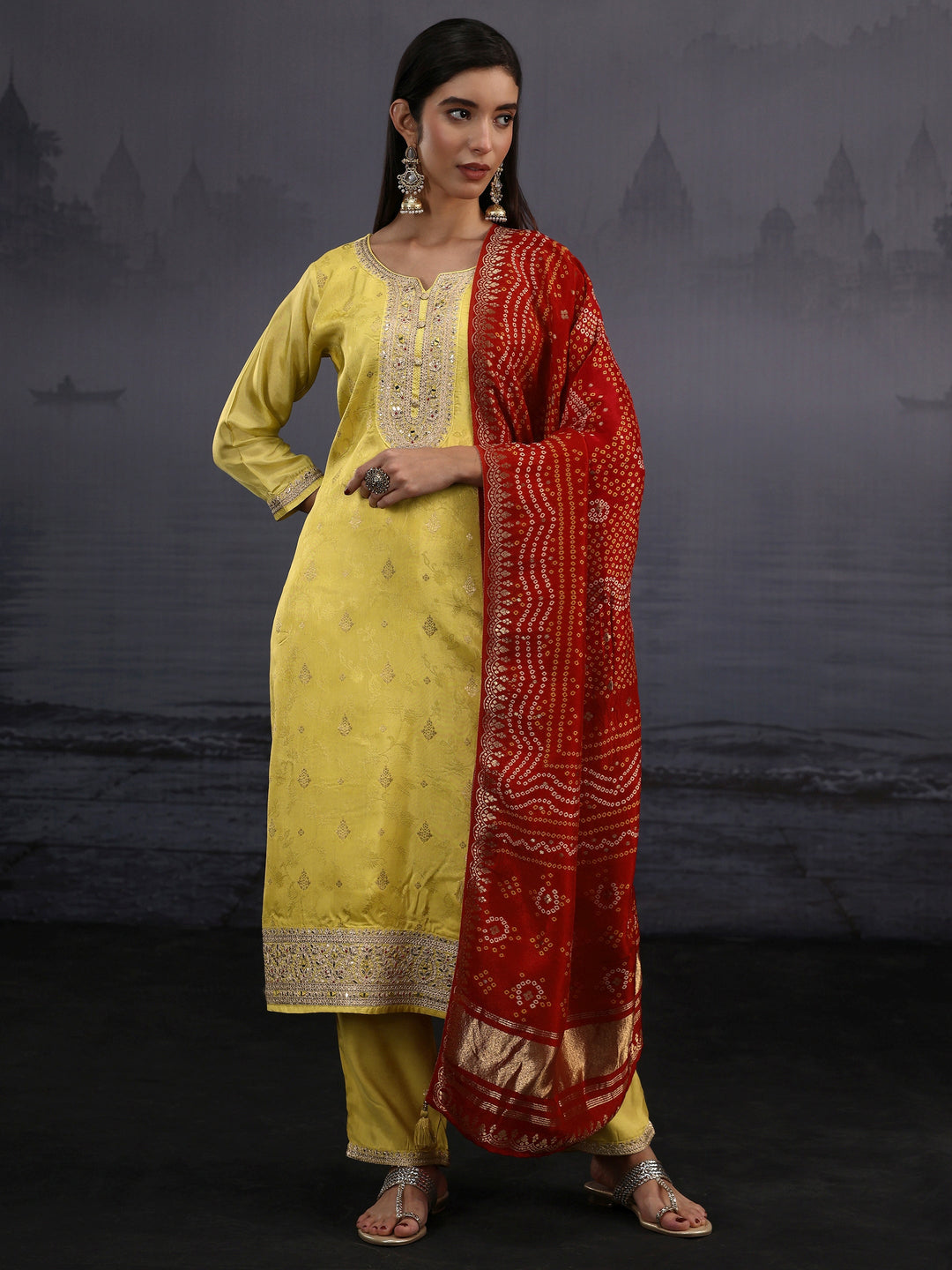 Libas Yellow Woven Design Silk Blend Straight Suit Set