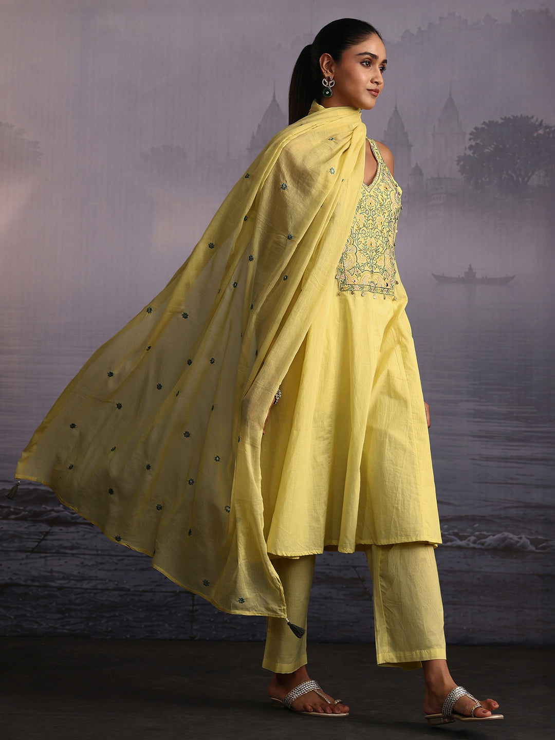 Libas Yellow Yoke Design Strappy Cotton A-Line Suit Set