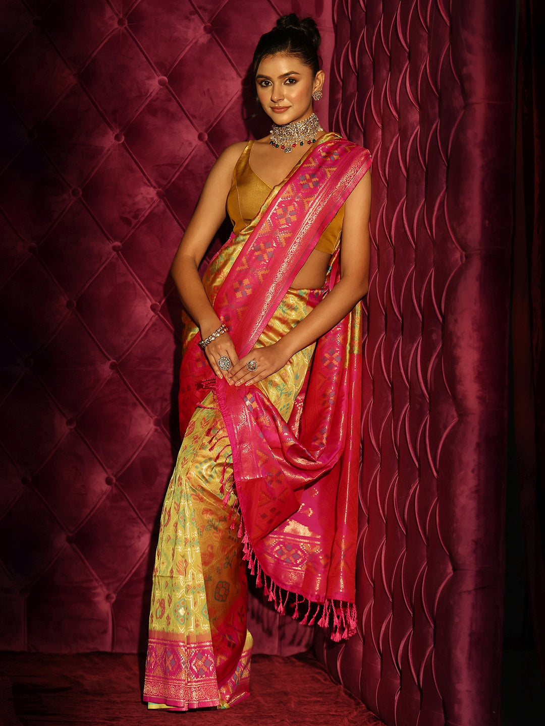 Libas Yellow and Pink Patola Silk Blend Saree