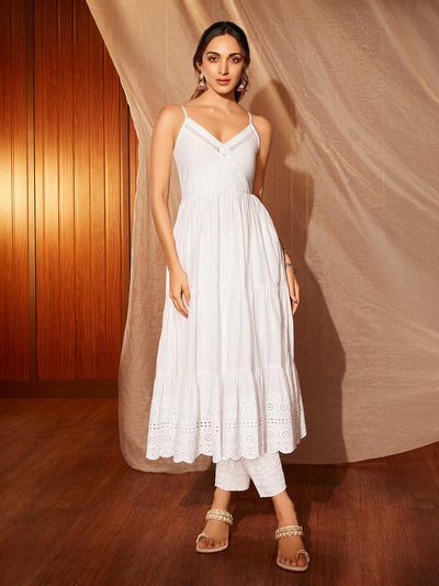 The Kiara Cut Suramya White Self Design Cotton A-Line Kurta With Trousers - ShopLibas