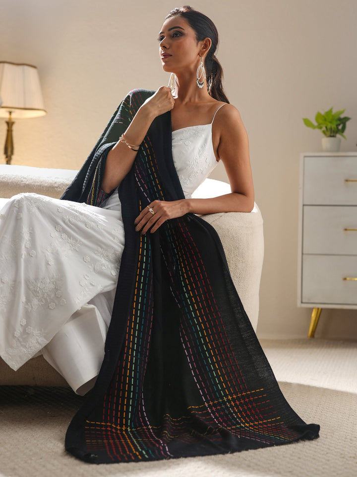 Libas Black Geometric Knitted Acrylic Shawl