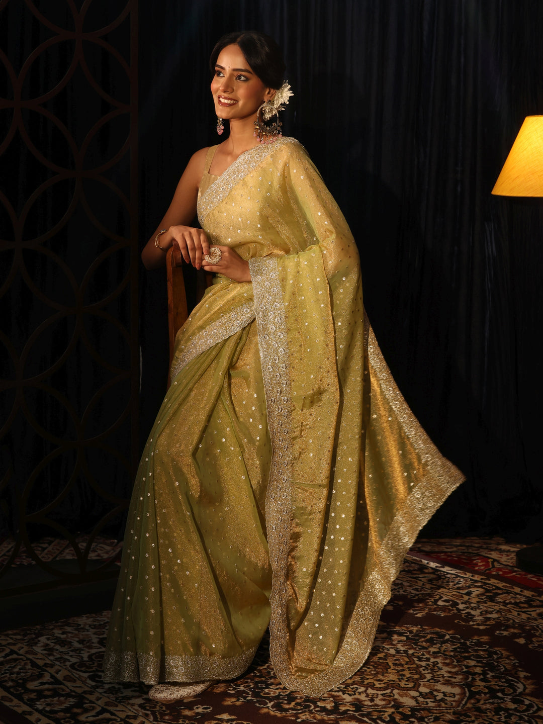 Libas Light Henna Green  Mirror Work Silk Blend Saree