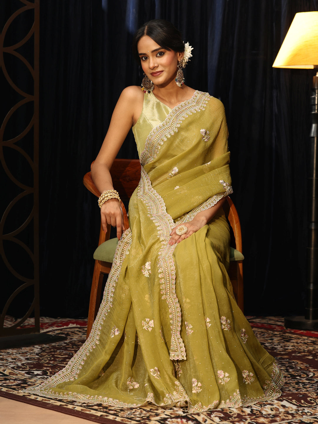 Libas Light Henna Green Floral Embroidered Chiffon Saree