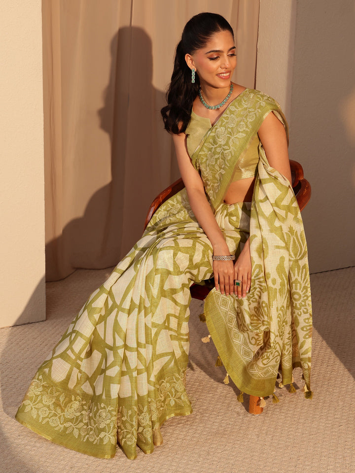 Libas Light Olive Green Abstract Printed Cotton Blend Saree