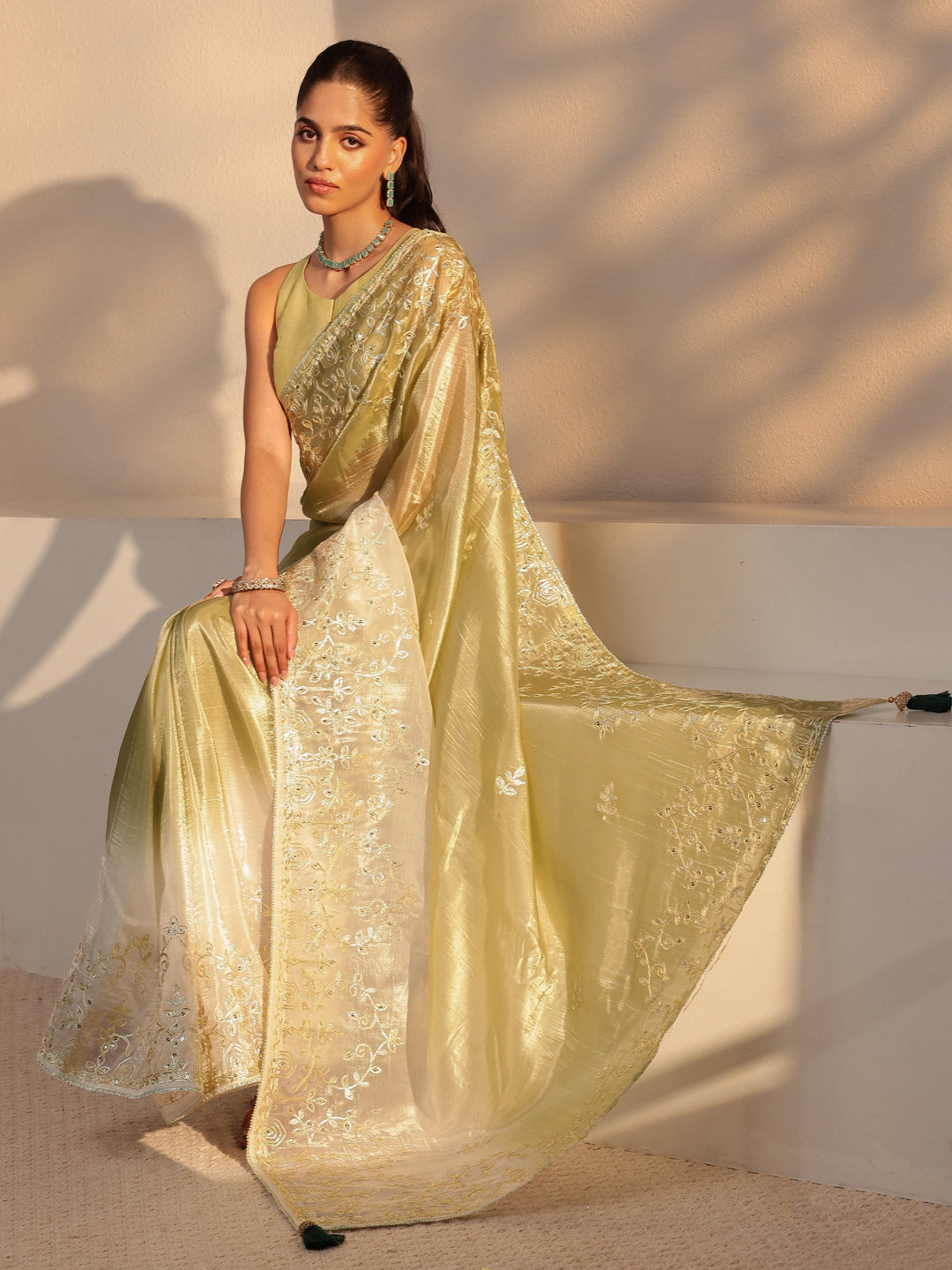 Light Olive Green Floral Embellished Ombre Satin Saree