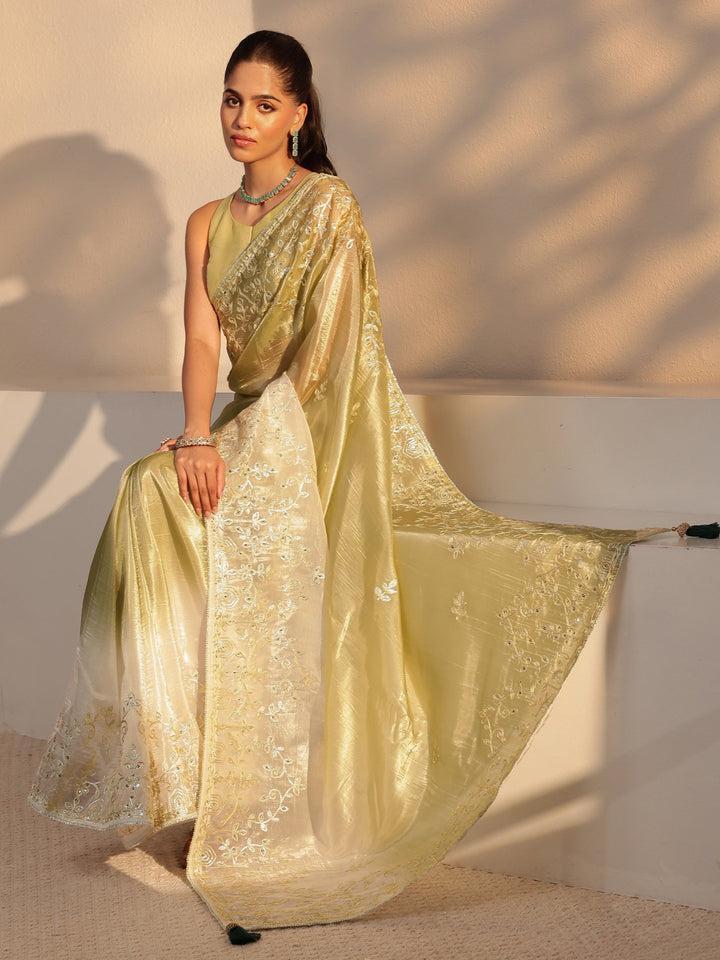 Libas Light Olive Green Floral Embellished Ombre Satin Saree