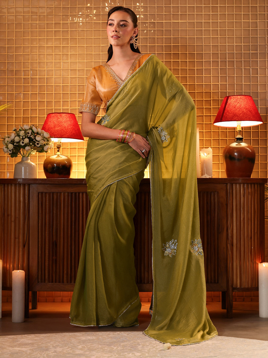 Light Olive Green Floral Embellished Silk Blend Saree