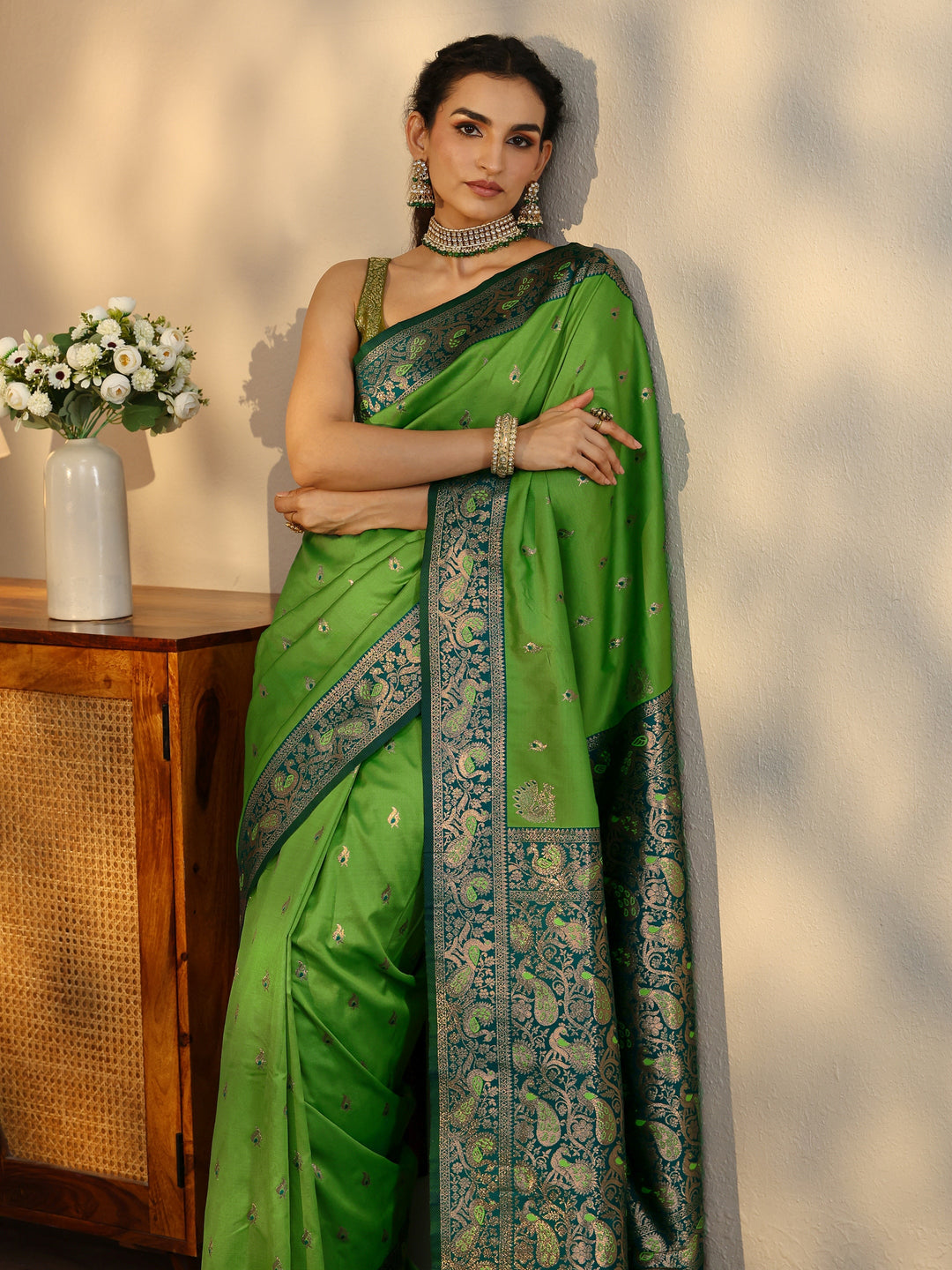 Libas Lime Green Banarasi Silk Blend Saree