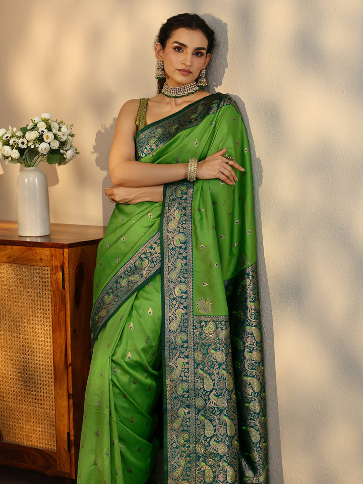 Libas Lime Green Banarasi Silk Blend Saree