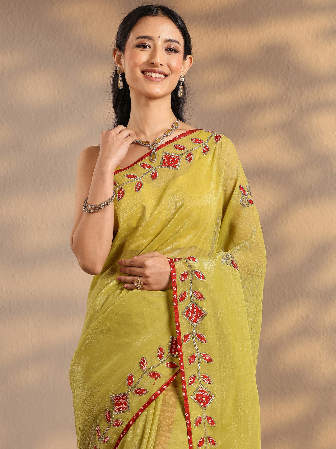 Lime Green Embellished Silk Blend Saree With Unstitched Blouse Piece