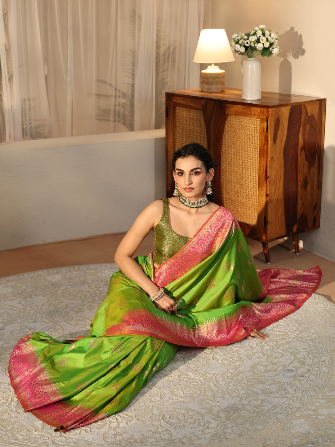 Libas Lime Green Kanjeevaram Silk Blend Saree