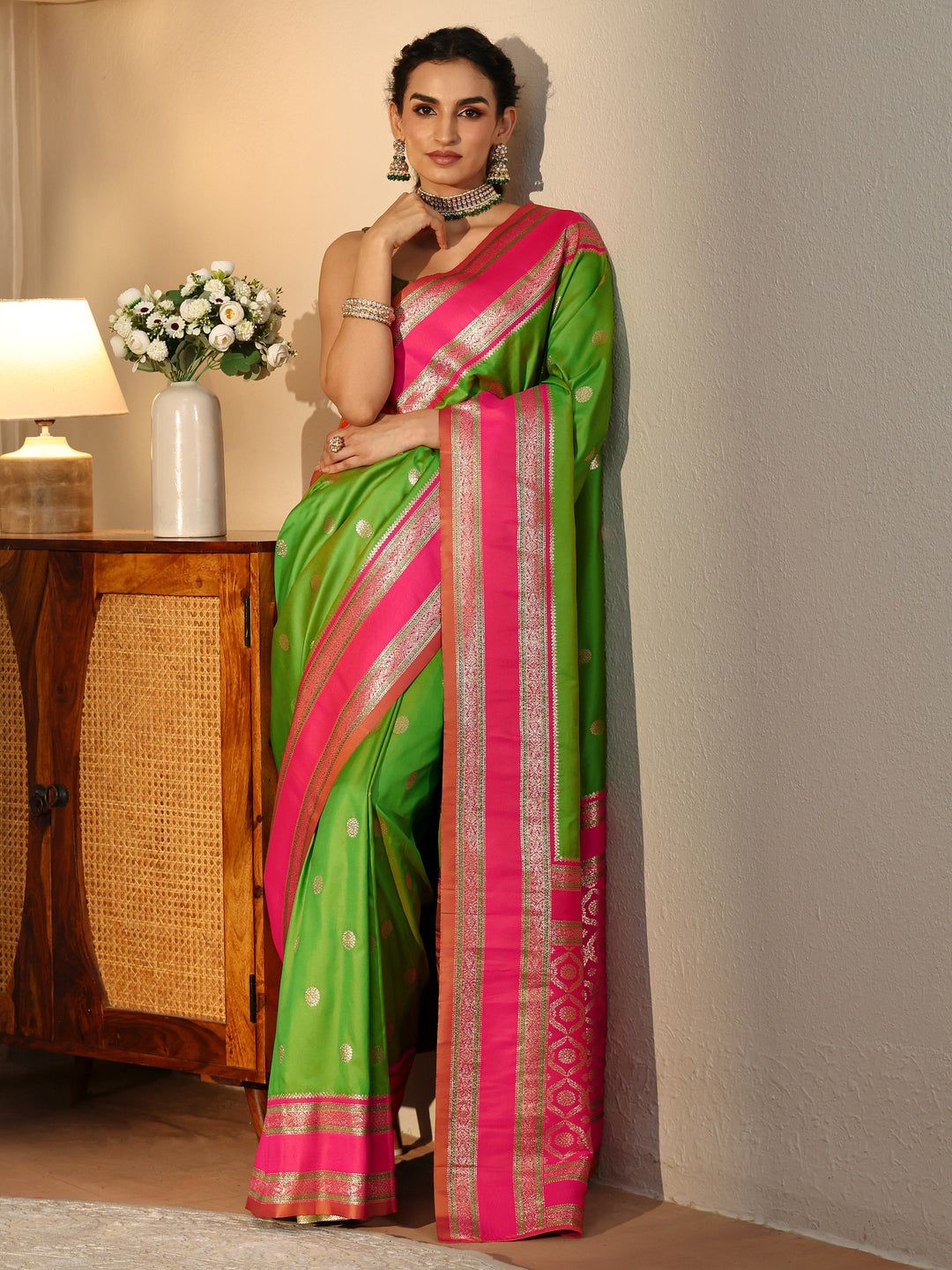 Libas Lime Green Kanjeevaram Silk Blend Saree