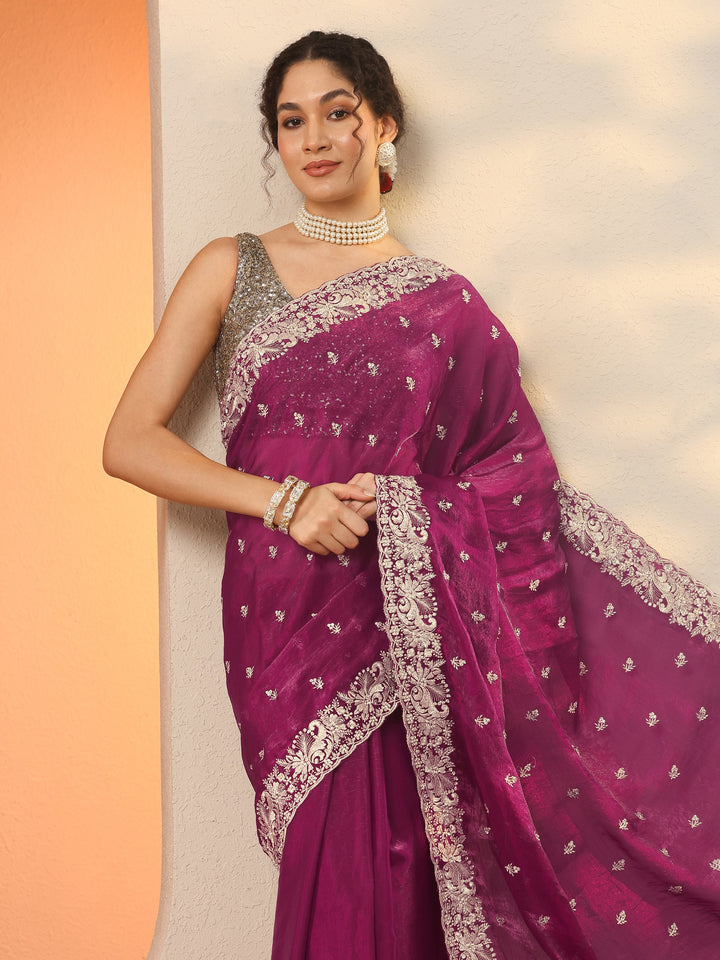 Magenta Embroidered Organza Saree With Unstitched Blouse Piece