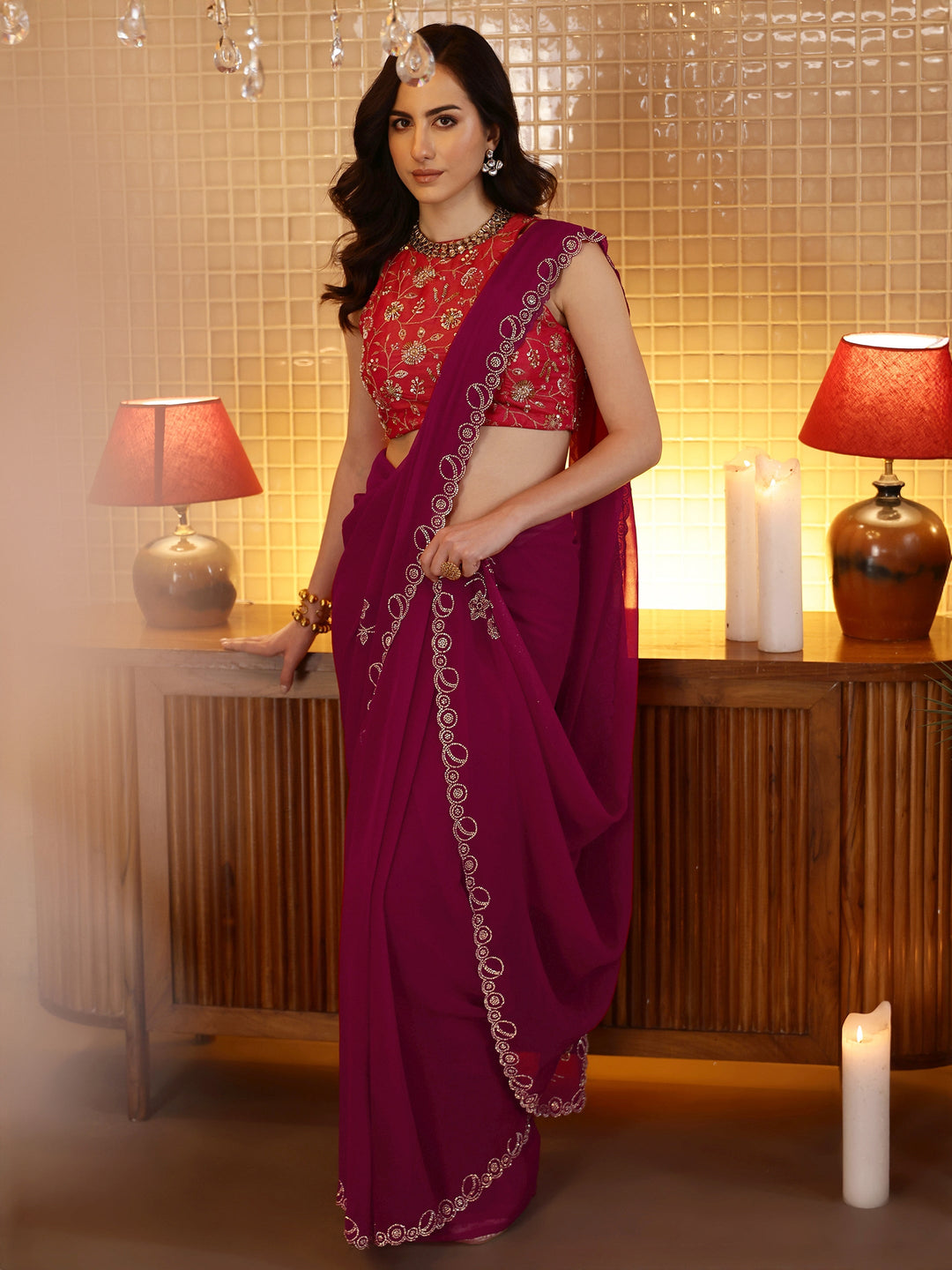 Magenta Pink Embellished Georgette Saree