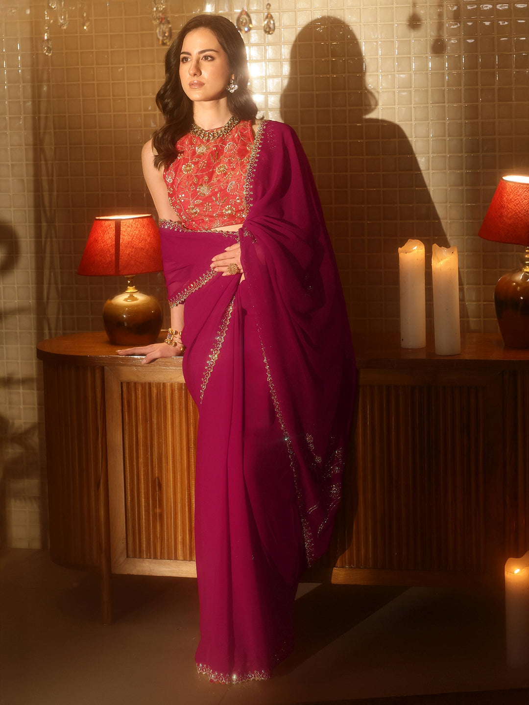 Magenta Pink Floral Embellished Georgette Saree