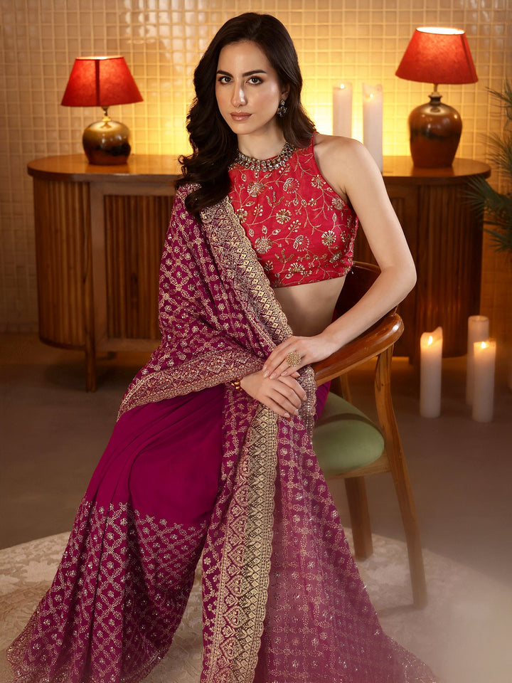 Libas Magenta Pink Floral Embroidered Georgette Saree